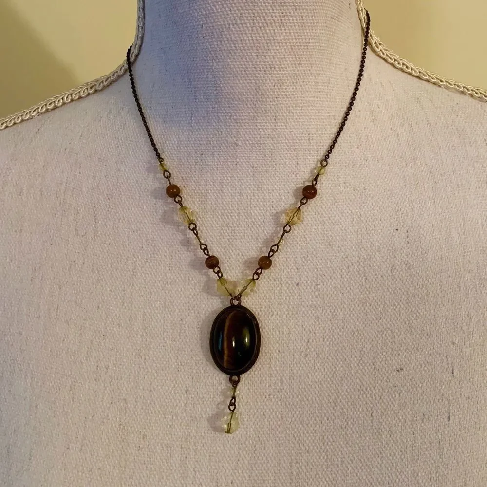 Pair of Brown Tigers Eye Jeweled beaded and silver tone Necklaces.